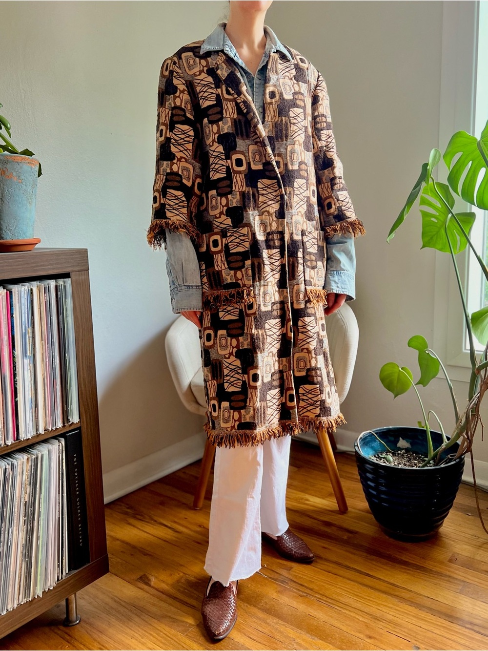 60s Tapestry Vintage Duster Jacket w/ MCM Print & Fringe Trim